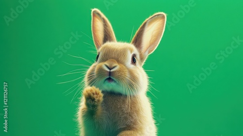 A delightful close-up of a brown rabbit with a raised paw on a solid green background