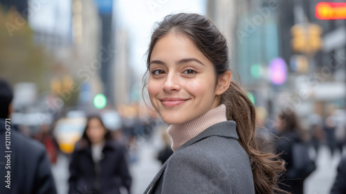 Hispanic business woman walking in street among skyscrapers in new york city