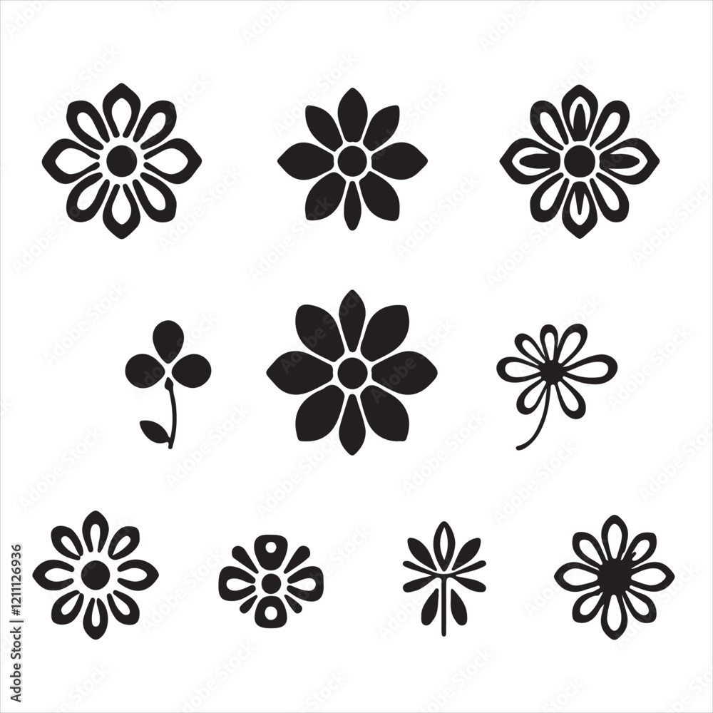 A timeless and elegant logo a set of classic black and white flower icons on a white background. Geometric shapes, clean lines, balanced symmetry, and visual clarity are key design elements A timeless and elegant logo a set of classic black and white flower icons on a white background. Geometric shapes, clean lines, balanced symmetry, and visual clarity are key design elements
