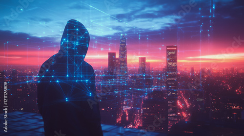 Hacker are planning to hack and attack networks and cyber security systems.Smart digital city with connection Innovation network reciprocity over the cityscape