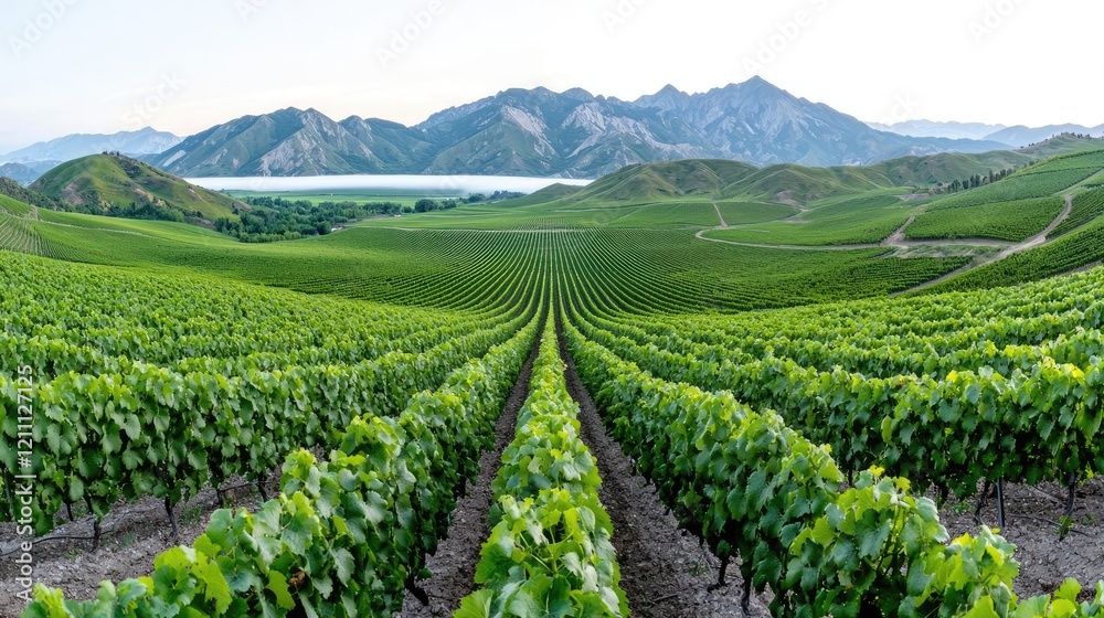 Vineyard rows, mountain valley sunrise, rural landscape, agriculture Vineyard rows, mountain valley sunrise, rural landscape, agriculture