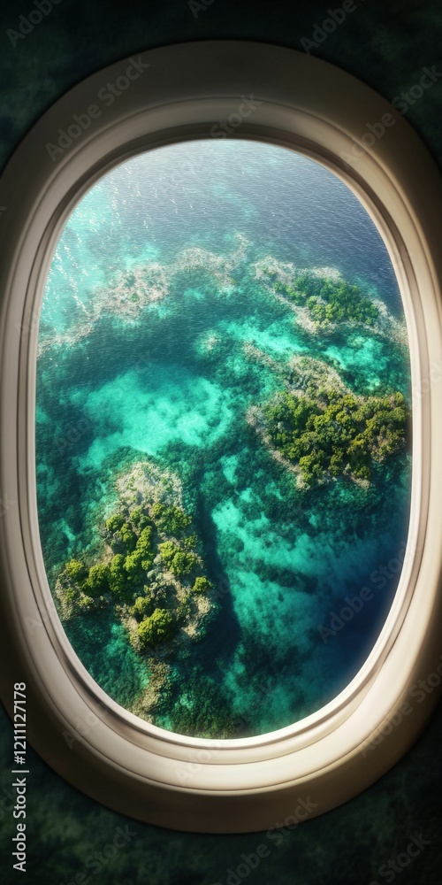 Fototapeta premium Aerial view of vibrant turquoise waters and lush green islands seen through an airplane window.