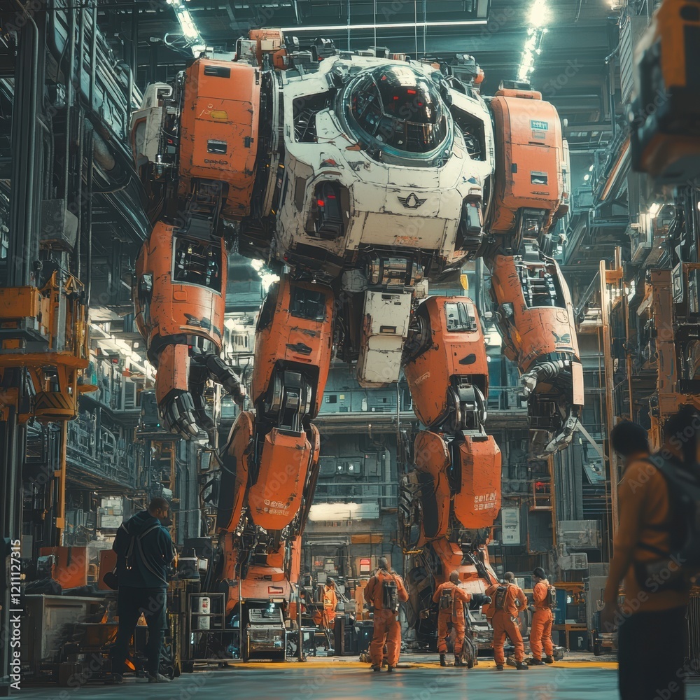 Fototapeta premium Giant Robot in High-Tech Industrial Warehouse with Workers Nearby