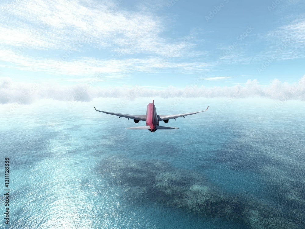 Naklejka premium A vibrant pink airplane soars above a serene ocean, surrounded by fluffy clouds and a clear blue sky, creating a tranquil travel scene.