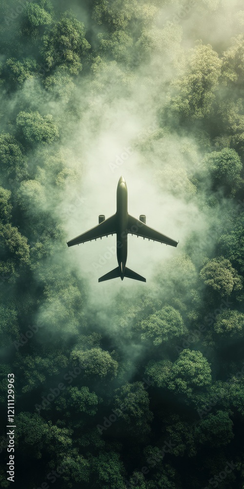 Fototapeta premium An aircraft flies over a dense forest, partially obscured by mist, showcasing a serene contrast between technology and nature.