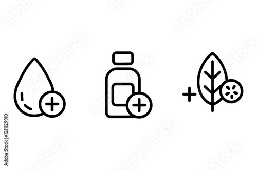 Natural Ingredients Water, Bottle, and Leaf Icons, Natural and Enhanced Ingredients Icon Set 