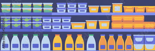 Illustration of refrigerated dairy milk butter juice section in food market grocery store