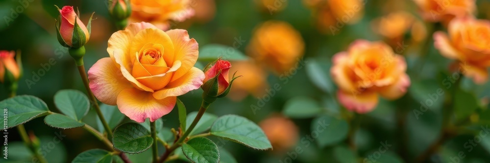 Orange rose bush with yellow leaves and green stems, shrubs, hybrid tea Orange rose bush with yellow leaves and green stems, shrubs, hybrid tea