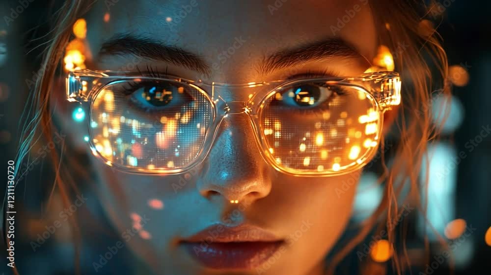 Mystified by Lights: A close-up portrait of a woman's captivating eyes peering through clear glasses, with shimmering, colorful lights reflecting in the lenses, creating a mesmerizing. Mystified by Lights: A close-up portrait of a woman's captivating eyes peering through clear glasses, with shimmering, colorful lights reflecting in the lenses, creating a mesmerizing.