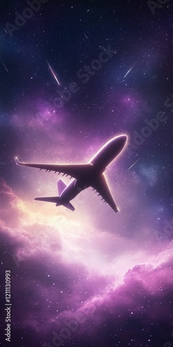 A silhouette of an airplane soaring through a vibrant, cosmic sky filled with colorful clouds and distant stars.