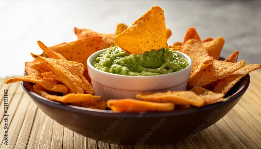 Crispy tortilla chips with creamy guacamole. Crispy tortilla chips with creamy guacamole.