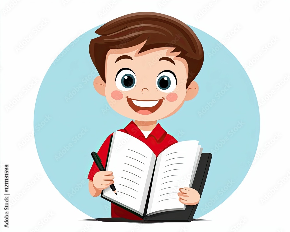 A cheerful cartoon boy holds an open notebook and a pen, ready to write, set against a light blue background. A cheerful cartoon boy holds an open notebook and a pen, ready to write, set against a light blue background.