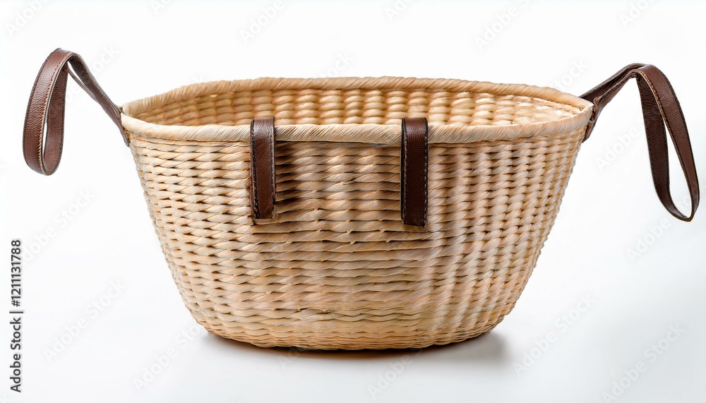 Obraz premium A light beige woven basket with brown leather handles sits on a white background.