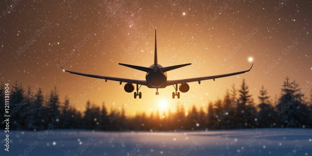 Obraz premium A silhouette of an airplane flying towards a glowing sunset, framed by snow-covered trees and falling snowflakes.