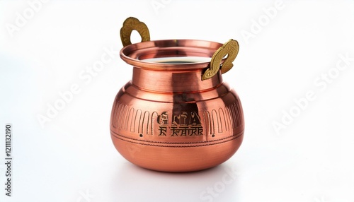 Ornate copper pot with gold accents, isolated on white.