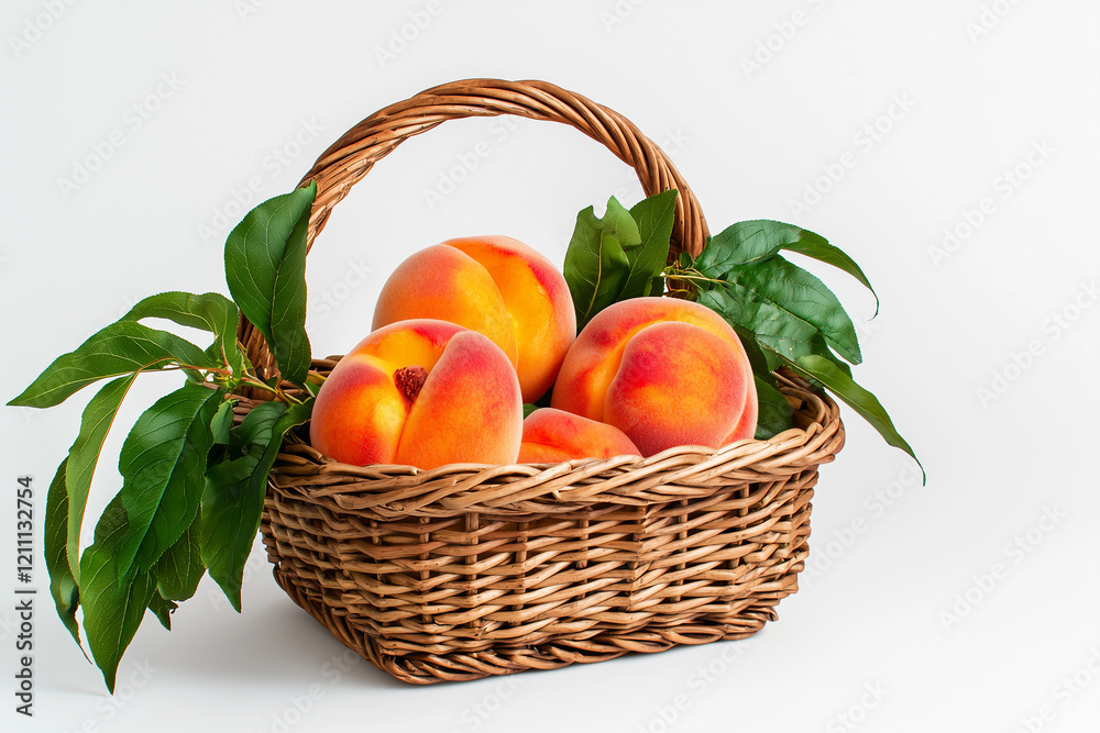 Fresh Ripe Peaches in a Wicker Basket with Green Leaves on White Background Fresh Ripe Peaches in a Wicker Basket with Green Leaves on White Background