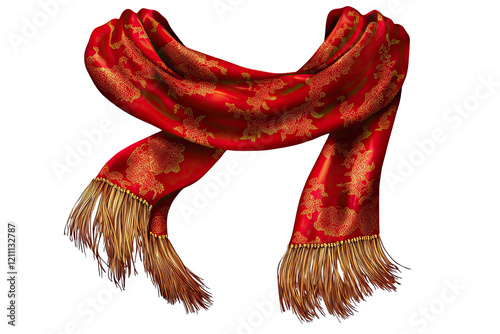 Red and Gold Scarf: Luxurious red scarf with golden accents and fringes, elegantly draped. Perfect for adding a touch of elegance and warmth to your winter wardrobe.