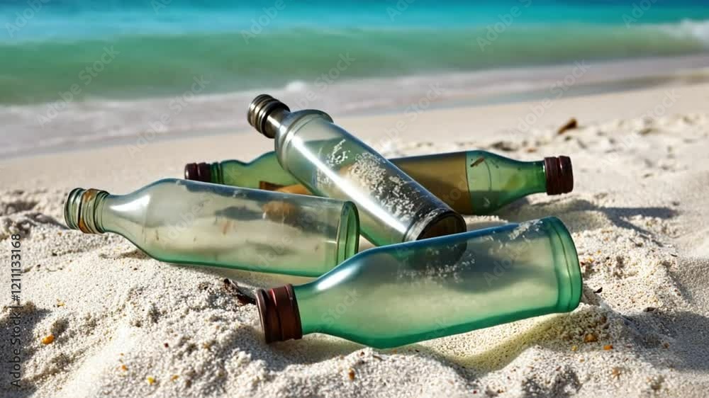 Ocean's Debris: A Collection of Antique Bottles Washed Ashore on a Pristine Beach Ocean's Debris: A Collection of Antique Bottles Washed Ashore on a Pristine Beach