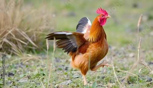 Rooster in Field Wings Spread Stunning Farm Animal Photo