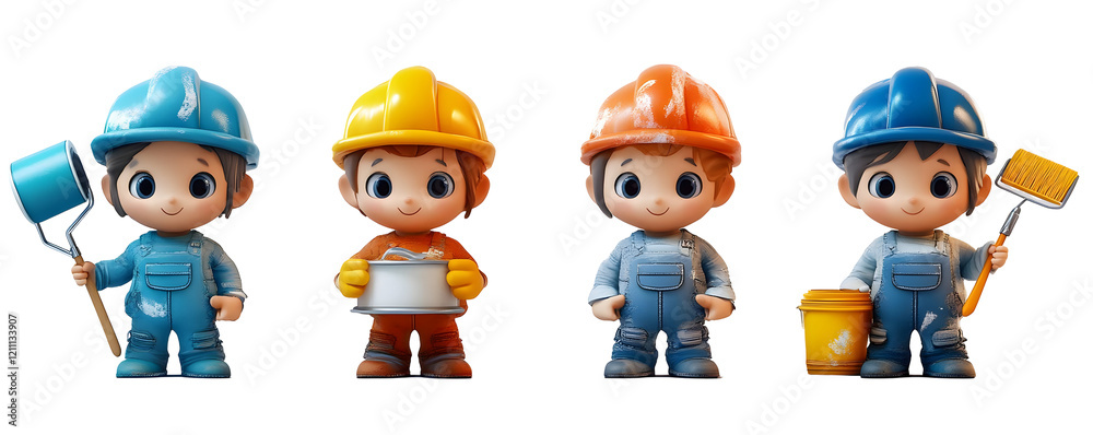 Obraz premium Four 3D Cartoon Painters Holding Tools Isolated on Transparent Background