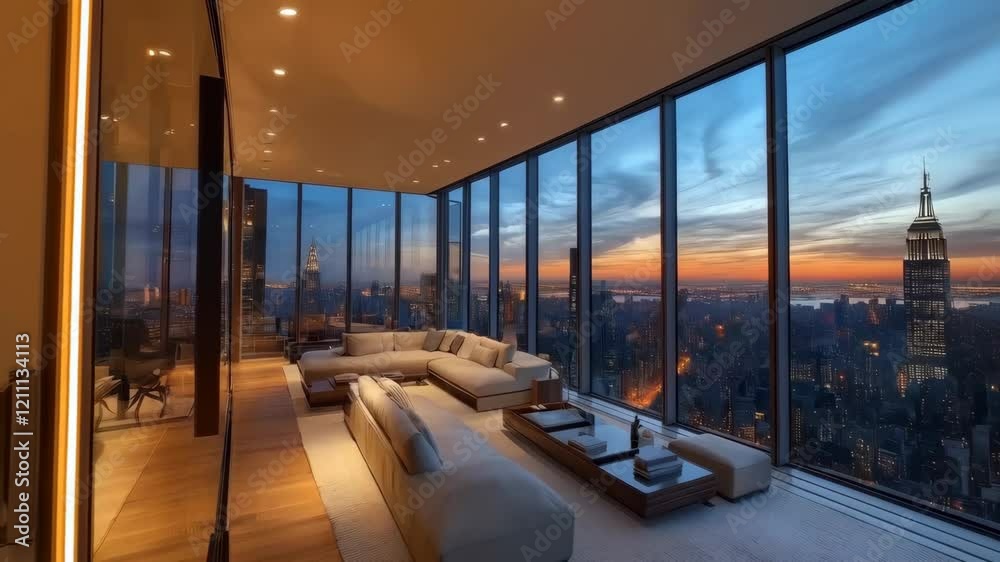 Spectacular sunset view from modern penthouse overlooking city skyline Spectacular sunset view from modern penthouse overlooking city skyline