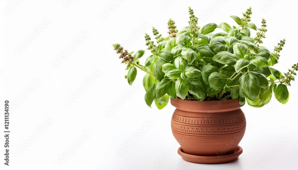 Vibrant basil plant in a terracotta pot. Vibrant basil plant in a terracotta pot.