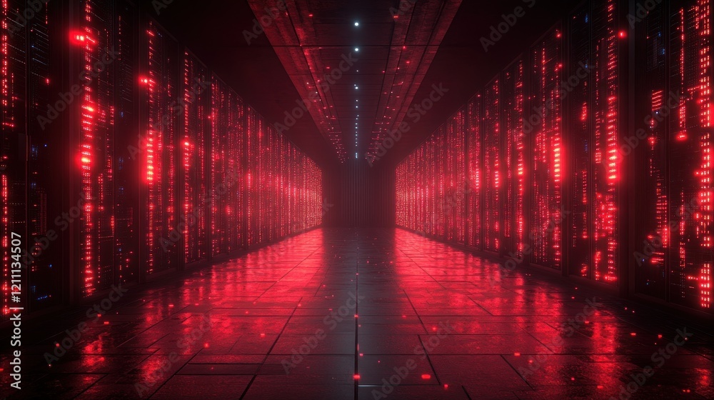 Futuristic data center corridor illuminated by red lights, showcasing high-tech servers and reflections Futuristic data center corridor illuminated by red lights, showcasing high-tech servers and reflections