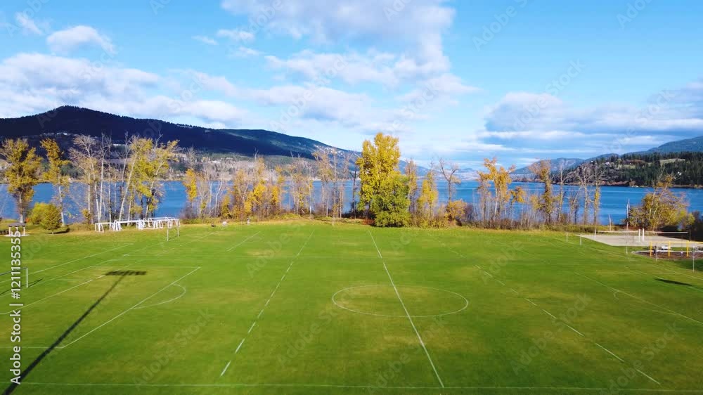 Lake-Side Sports Soccer Field, Beasley Park. Wood Lake, Lake Country, BC. Provincial Park Recreational Area. Beautiful Okanagan Valley, British Columbia, Canada. Pristine Fresh Water Reservoir. Lake-Side Sports Soccer Field, Beasley Park. Wood Lake, Lake Country, BC. Provincial Park Recreational Area. Beautiful Okanagan Valley, British Columbia, Canada. Pristine Fresh Water Reservoir.