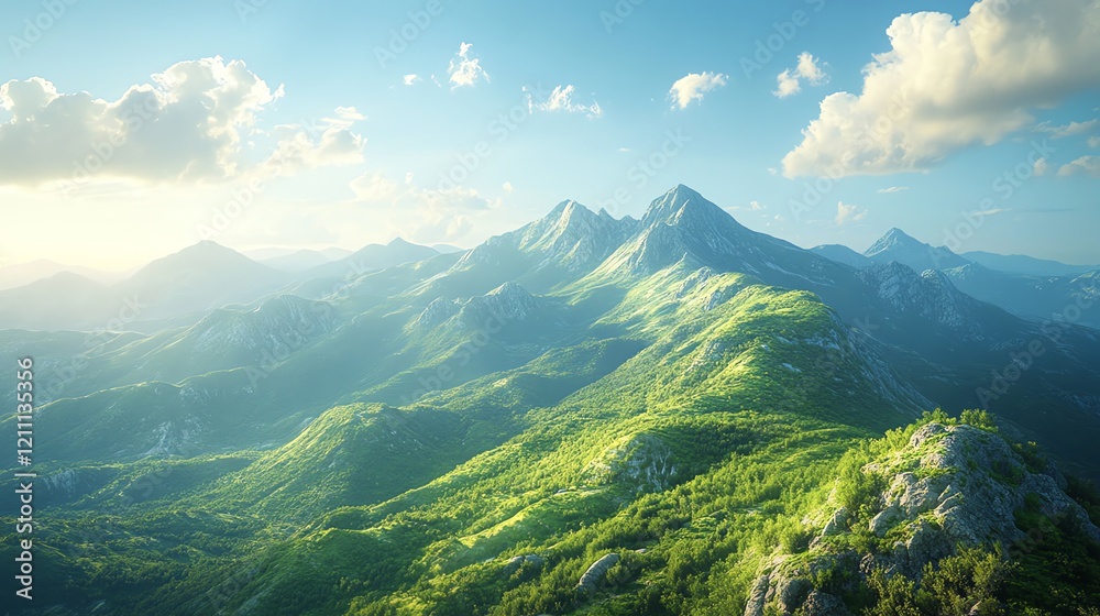 Fototapeta premium Serene Mountain Vista: Lush Green Slopes and Sunlit Peaks