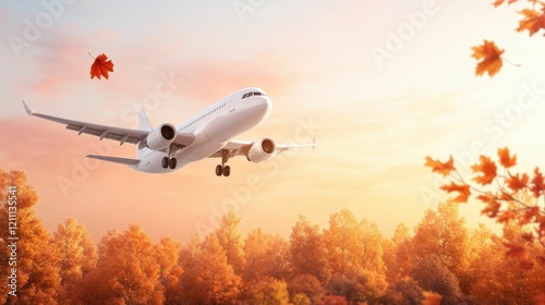 A serene autumn scene with a plane flying above colorful fall foliage under a beautiful sunset sky.