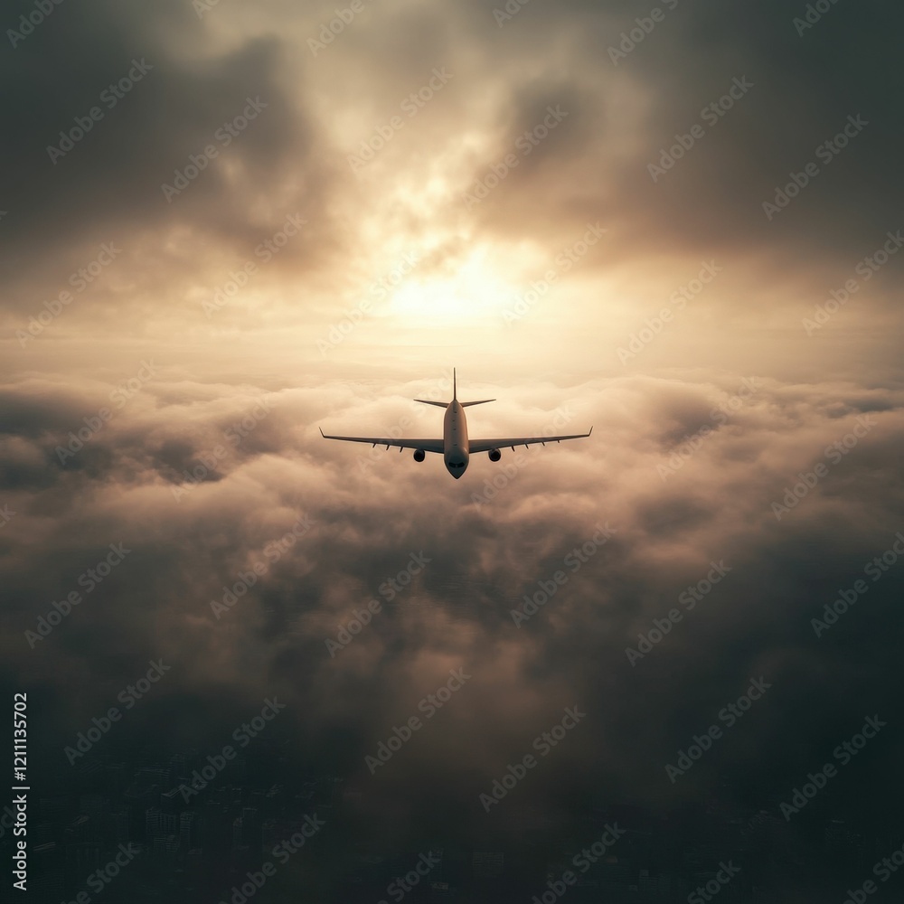 A serene view of an airplane flying above the clouds, illuminated by soft sunlight breaking through the overcast sky. A serene view of an airplane flying above the clouds, illuminated by soft sunlight breaking through the overcast sky.