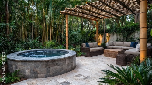 Modern seating around a stone hot tub under a bamboo pergola on a spa terrace.
