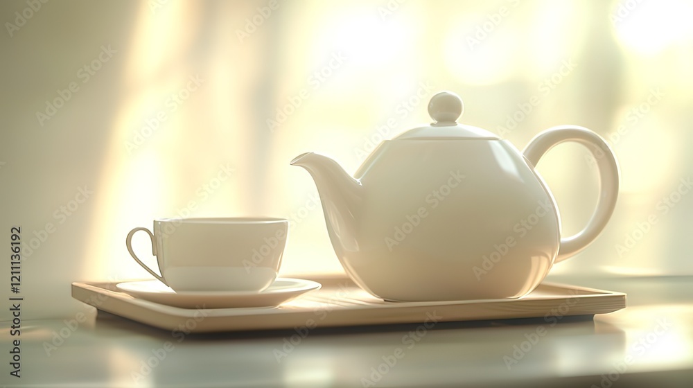 White teapot and teacup on wooden tray, sunlit. White teapot and teacup on wooden tray, sunlit.