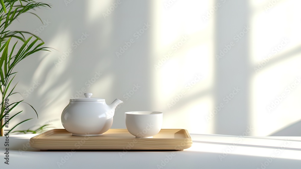 White teapot and cup on wooden tray with plant and sunlight. White teapot and cup on wooden tray with plant and sunlight.