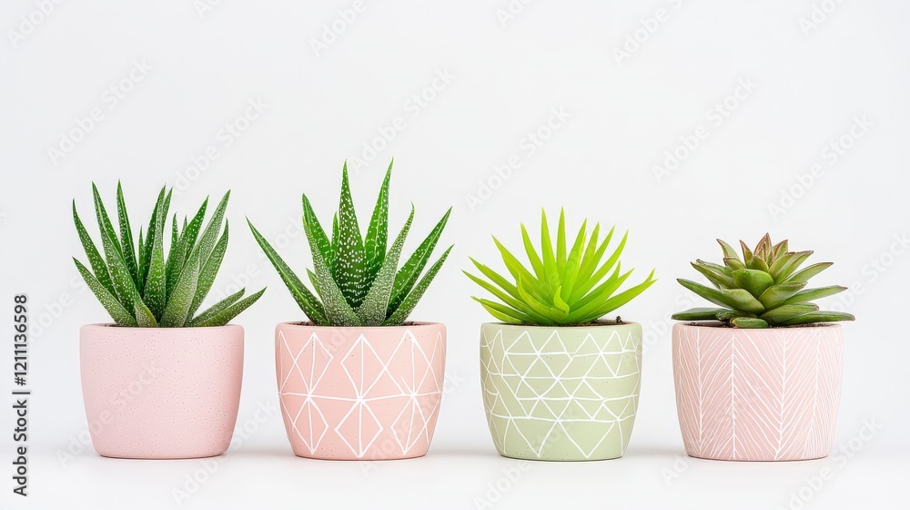 Fototapeta premium Collection of Four Decorative Succulent Plants in Modern Pots on White Background