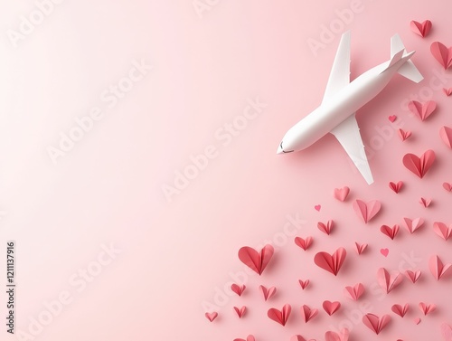 A white airplane flies over a scattering of pink hearts on a soft pink background, symbolizing love and travel.