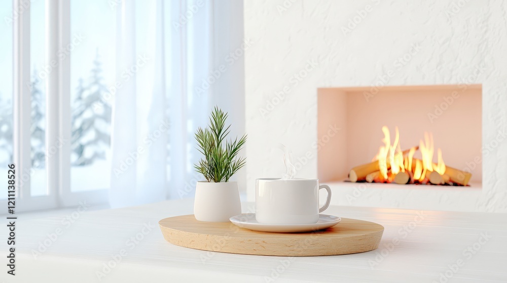 Cozy Winter Scene with Hot Drink and Green Plant by a Modern Fireplace in a Bright Room Cozy Winter Scene with Hot Drink and Green Plant by a Modern Fireplace in a Bright Room