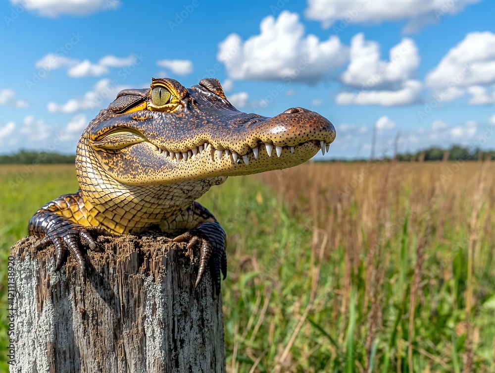 Obraz premium Young alligator resting on wooden post in lush landscape under blue sky with fluffy clouds