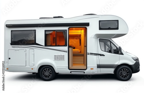 Side view of a motorhome with the door open, isolated on a white background, ultra-realistic photography.