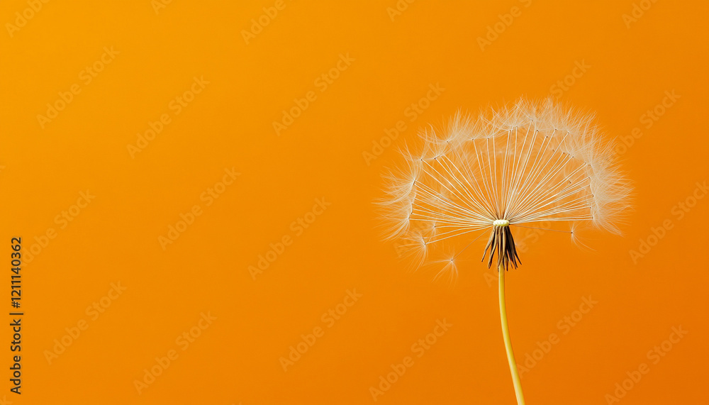Fototapeta premium Dandelion seed head against a vibrant orange background.