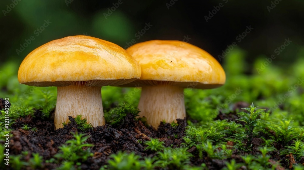 Golden Mushrooms in Moss: Two vibrant, golden-hued mushrooms emerge from a bed of lush green moss, their smooth caps gleaming in the soft light. Golden Mushrooms in Moss: Two vibrant, golden-hued mushrooms emerge from a bed of lush green moss, their smooth caps gleaming in the soft light.