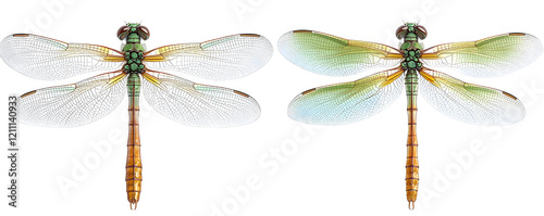Detailed illustration of two dragonflies with intricate wings, isolated on a transparent background.