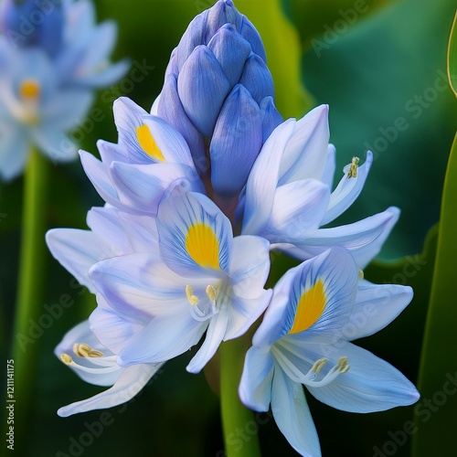 ホテイアオイは夏に咲く花で白っぽい青で花びらの1枚は青く中央は黄色 photo