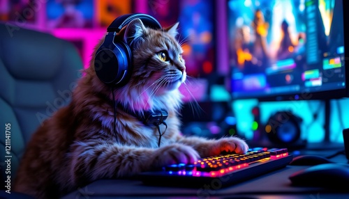 Gamer Cat with Headphones Playing on Keyboard