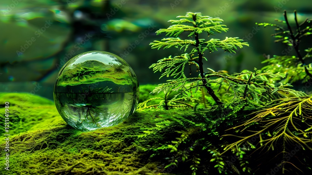 A green tree seen through the lens of a glass ball, creating a unique reflection A green tree seen through the lens of a glass ball, creating a unique reflection