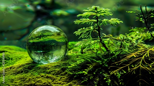 A green tree seen through the lens of a glass ball, creating a unique reflection