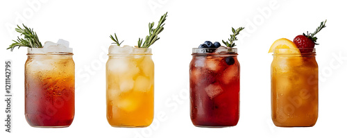Four iced beverages in mason jars, garnished with rosemary, blueberries, and orange slices, isolated on a transparent background.