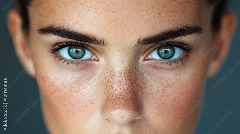 Fototapeta premium Intriguing Gaze: Close-up of piercing blue eyes with prominent freckles, conveying a sense of confidence and directness. 