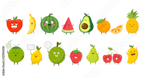 A colorful cartoon set of fruits and vegetables with a variety of healthy options like apple, banana, strawberry, lemon, and avocado