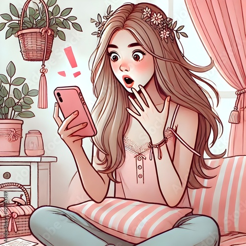 Women use phone with surprise 